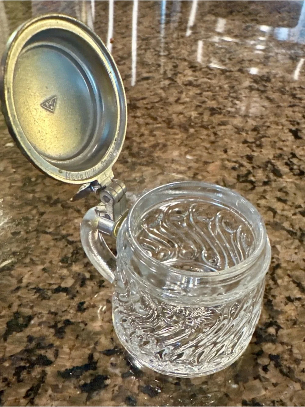 2 Vintage BMF Mini Glass Beer Steins W Germany Glass Pewter Lid Pair